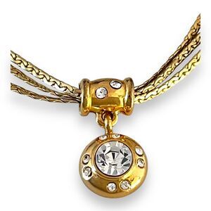 Vintage 1980s Saxon Triple Chain Necklace CZ Crystal Pendant Gold Tone - 7E